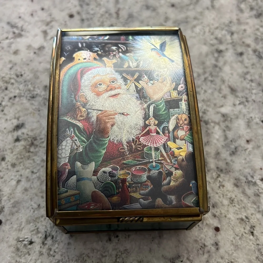 Vintage Etched Christmas Santa Toy Shop Trinket Box